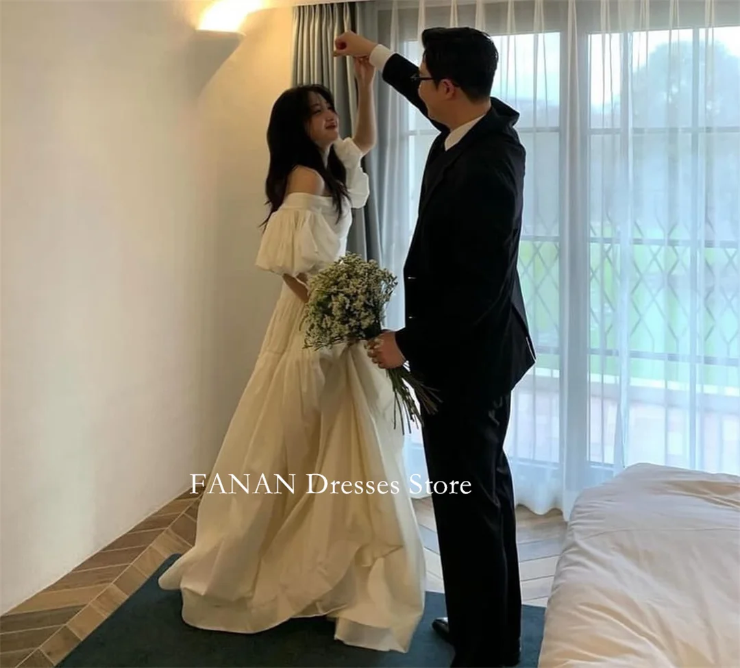 

FANAN Strapless Korea Ivory Pleated Wedding Dresses 웨딩드레스 A-Line Short Sleeves Taffeta Custom Made Pretty Bride Gowns Plus Size