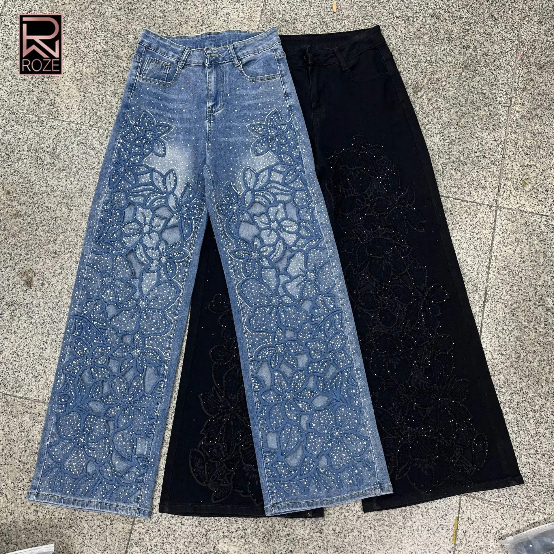 

Blue & Black Dual-Tone Lace Rhinestone Jeans, Sweet & Cool Girl Style Wide Leg Pants, Daily Streetwear High Waist Trousers