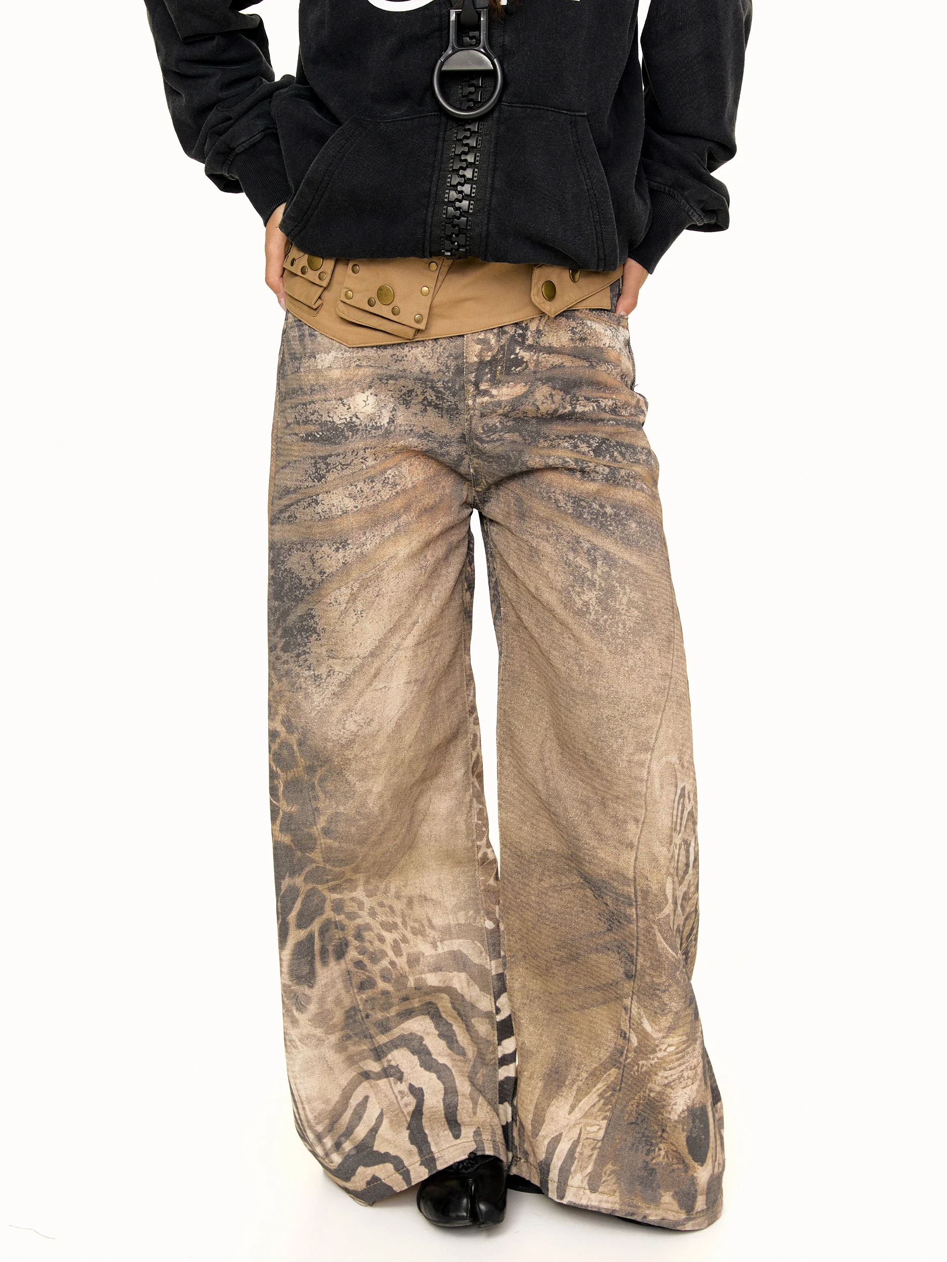 Retro Washed Casual Wide Leg Printed Denim Jeans Women's Loose Fit Trendy Jeans Blackbb Desert Feng Shui Natural Waist