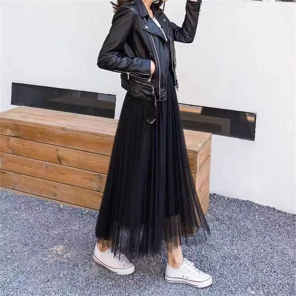 Women's Dress High Waist Women Tulle Skirt Mesh Skirt Ball Gown Pleated Skirt Casual A Line Long Dress Party Faldas