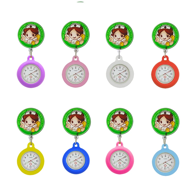 

YiJia 10pc Clip Nurse Pocket Watch Retractable Badge Reel Cartoon Medical Reloj with Silicone Case