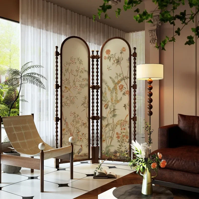 for American Medieval Solid Wood Screen Partition Retro Folding Mobile Divider for Living Room Sofa Bedroom Dining Room