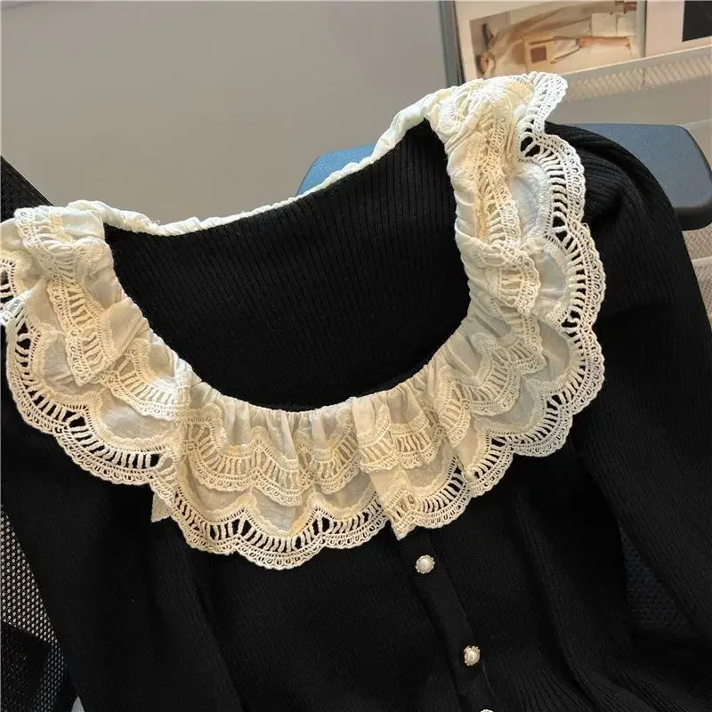 2023 Autumn Winter New Bottoming Pull Femme O Neck Lace Patchwork Sweet Gentle Sweater Y2k Vintage Chic Breasted Pleated Jumpers