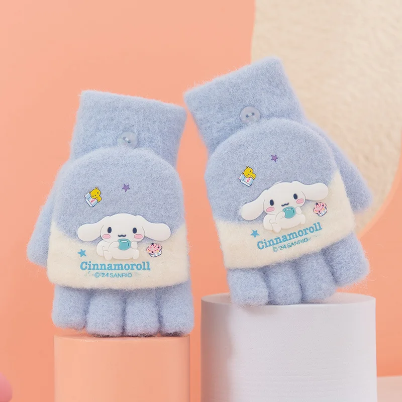 Sanrio guantes de medio dedo para niños, cubierta abatible de otoño e invierno, guantes cálidos para bebés de 7 a 12 años, guantes escolares para niños y niñas