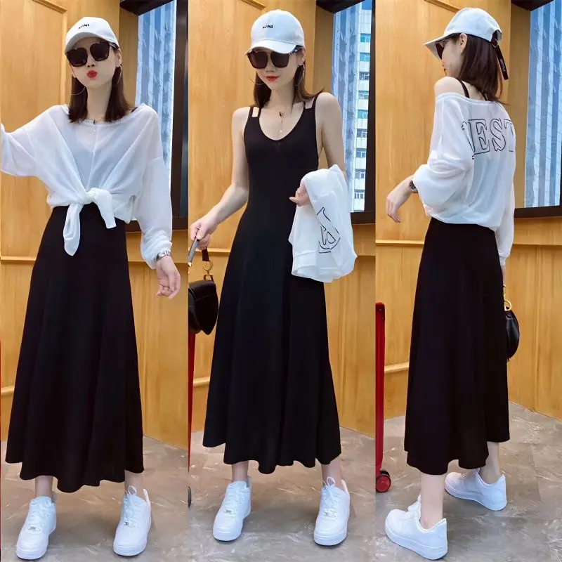 Ice silk suspender dress sun protection set for women's summer 2024 new fashion temperament dress casual two-piece set