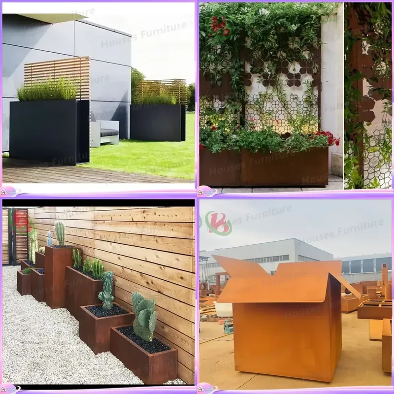 Weathering Steel Metal Flower Pot Black White Outdoor Garden Planter Box Rustic Corten Steel Planters for Patio Yard Home