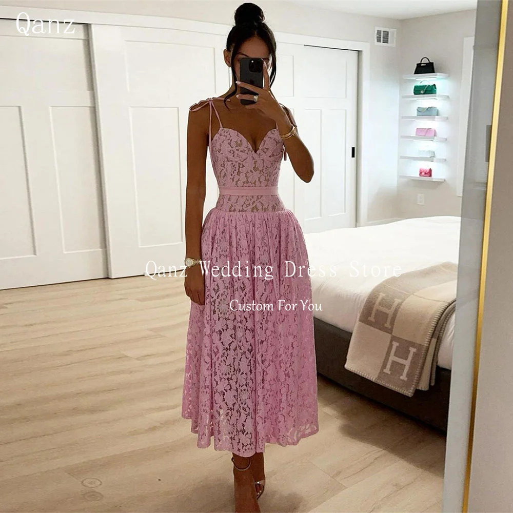 

Qanz Pink Lace Evening Dresses Sweetheart Spaghetti Straps Tea Length A Line Party Dress Elegant Customized Wedding Guest Dress