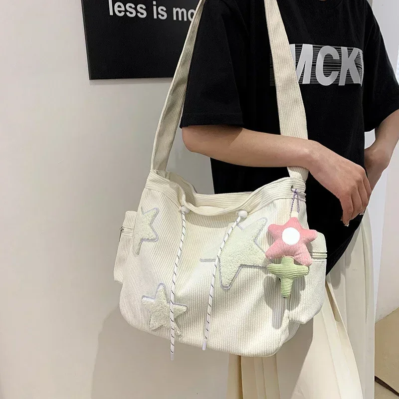 Dziewczęce śliczne torby na ramię z nadrukiem gwiazdy damskie japońskie modne codzienne torby Crossbody Y2k Streetwear torby z grubej bawełny dla studentów — zdjęcie 5