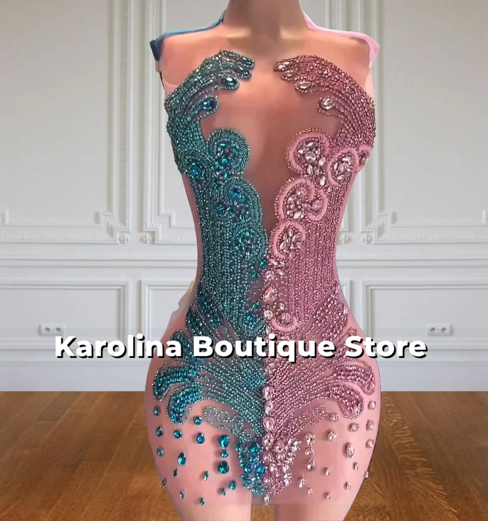 

Turquoise And Pink Prom Dresses Sheer Mesh Beaded Rhinestones Baddie Dresses For Birthday Homecoming Gowns Customized