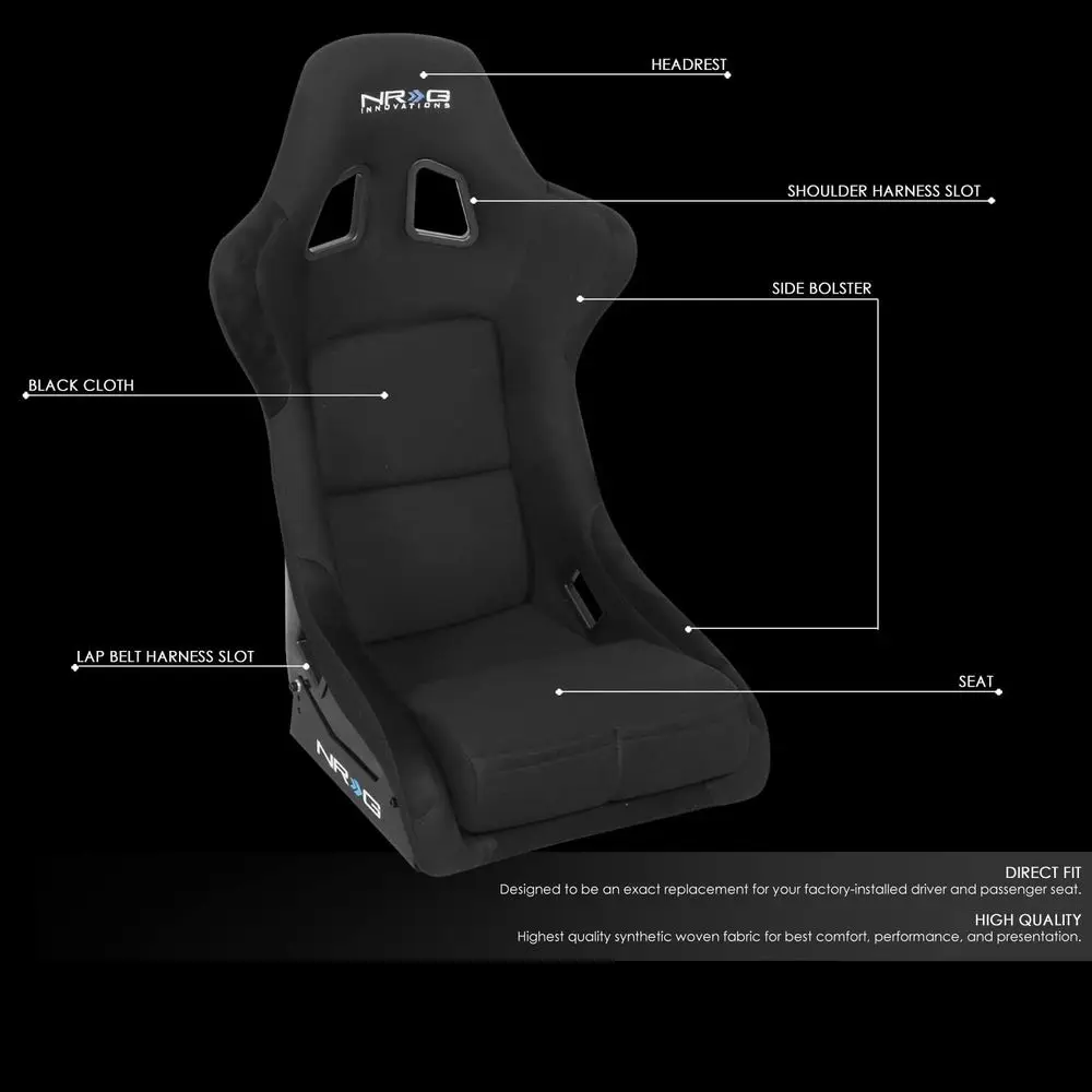 Medium Glass Fiber Racing Seat with 4-Point Harness, Black Cover, 20W x 18.5D x 36H