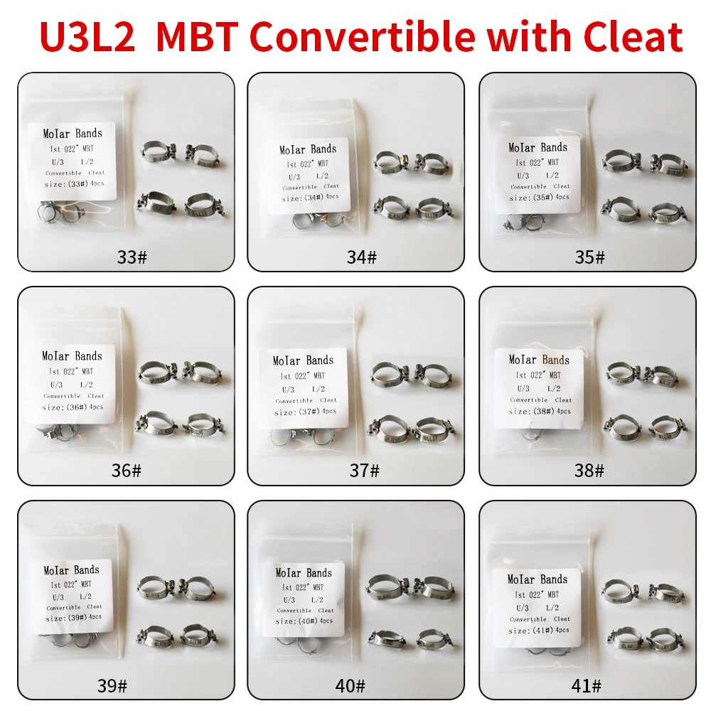 DZK Dental U3L2 Molar Band MBT 022 Convertible Buccal Tube With Cleat (33-41) (Upper triple Lower double)