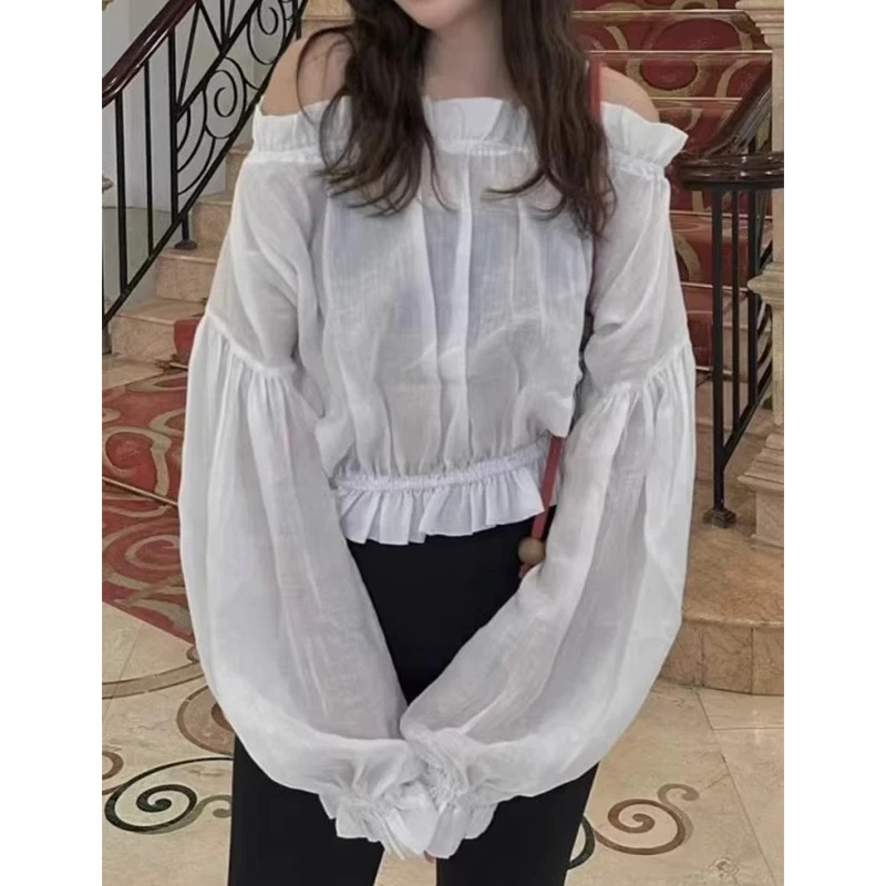 

Sweet Style One Shoulder Spliced Ruffle Edge Shirt for Women Autumn New Long Sleeve Top