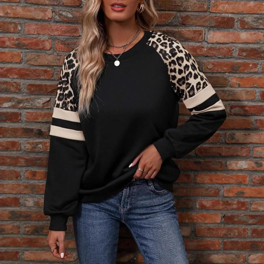 Spring Autumn Women's Sweatshirt Leopard Print Color Block O-neck Long Sleeve Sports Fashion Casual Street Ever-Match Pullover