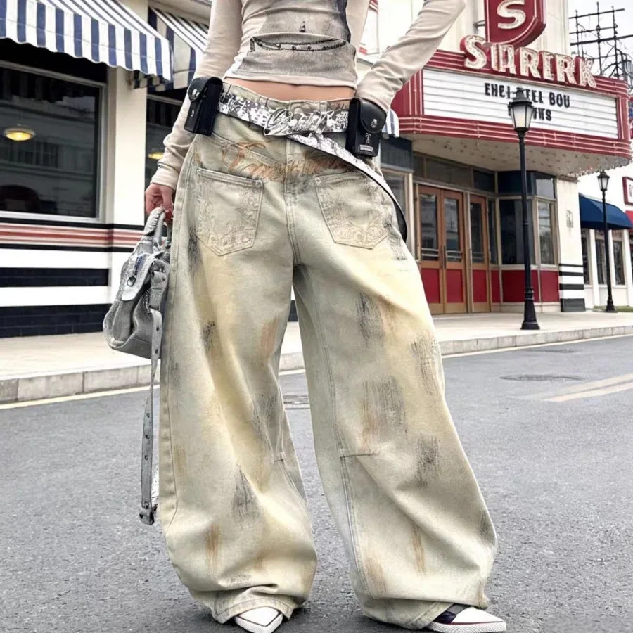 Women's Front Pocket Design Wide Legs Dirty Jeans Street Pants Unisex Denim Trousers Female High Waisted Personality Sweatpants