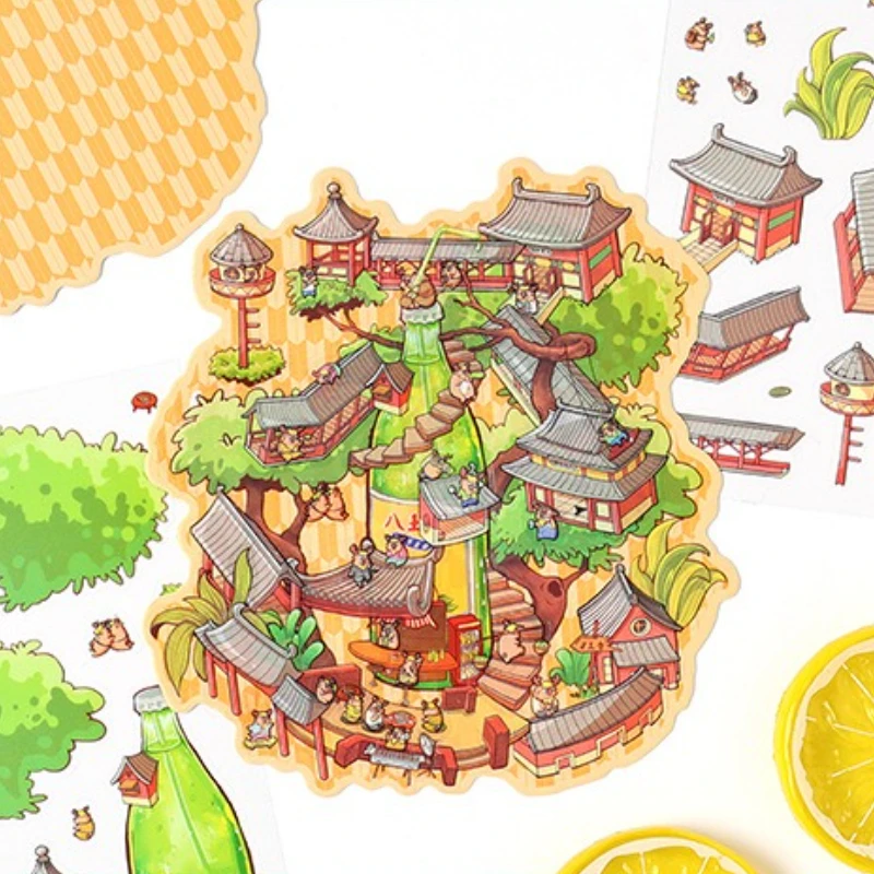 

Maximalism Bustling Market Cartoon PET DIY Landscape Stickers Fun Children Miniature Scene Stacking Decals Decompression Sticker
