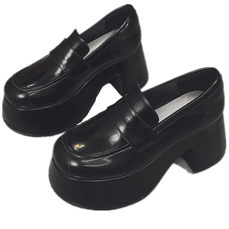 NEW Super High Heels Loafers Women Spring Autumn Patent Leather Chunky Platform Pumps Woman Slip On Black Uniform Shoes Fashion