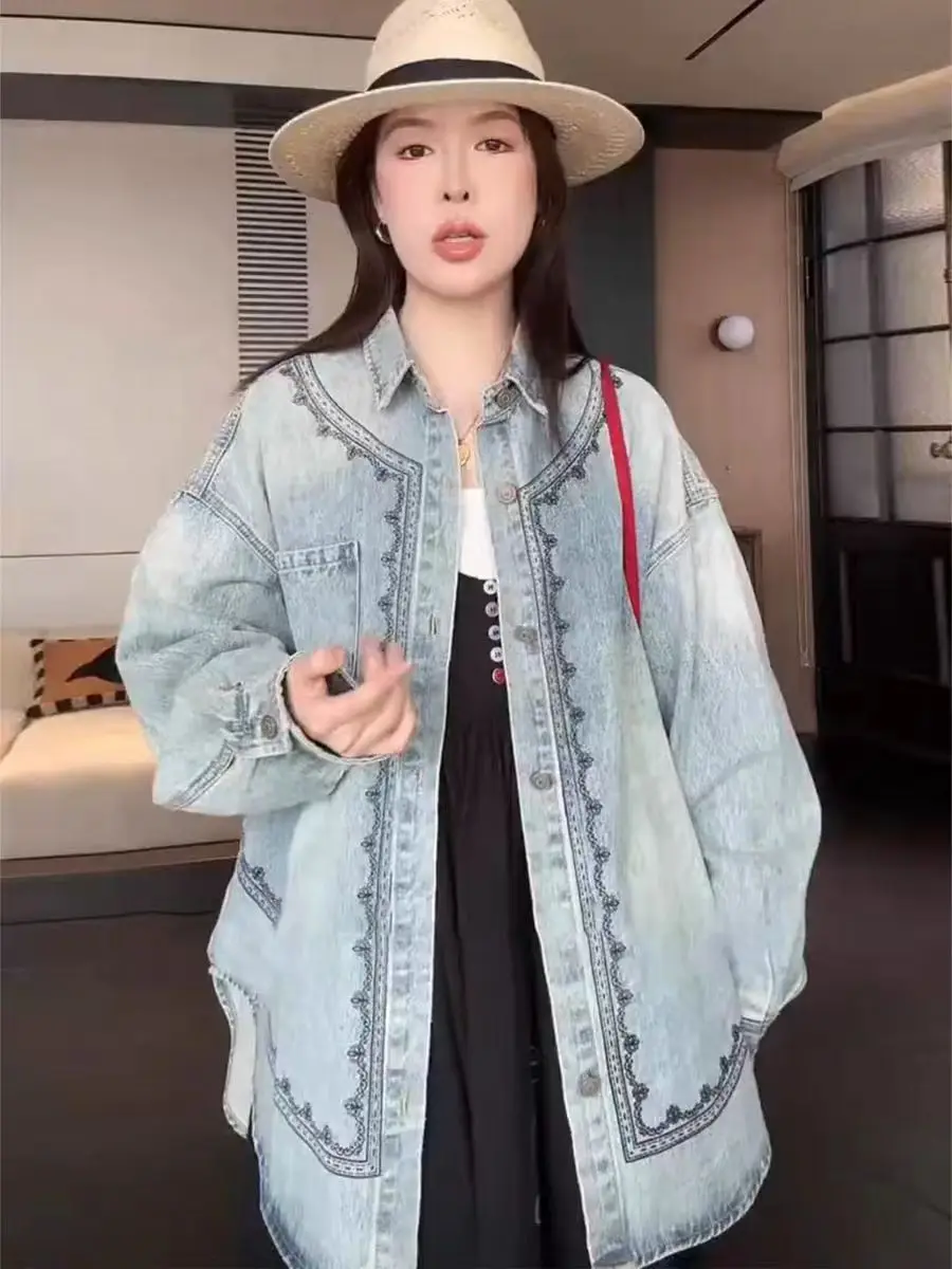 

Длинная джинсовая куртка с воротником све в стиле ретро и цветочным принтом, женская свободная верхняя одежда средней длины, морская осень