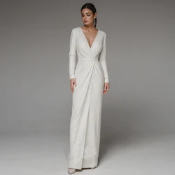 Customized Wedding Dresses New Arrivals V-Neck Simple Long Sleeves Sequin Bride Dress Side Split Mermaid Elegant Party Gowns