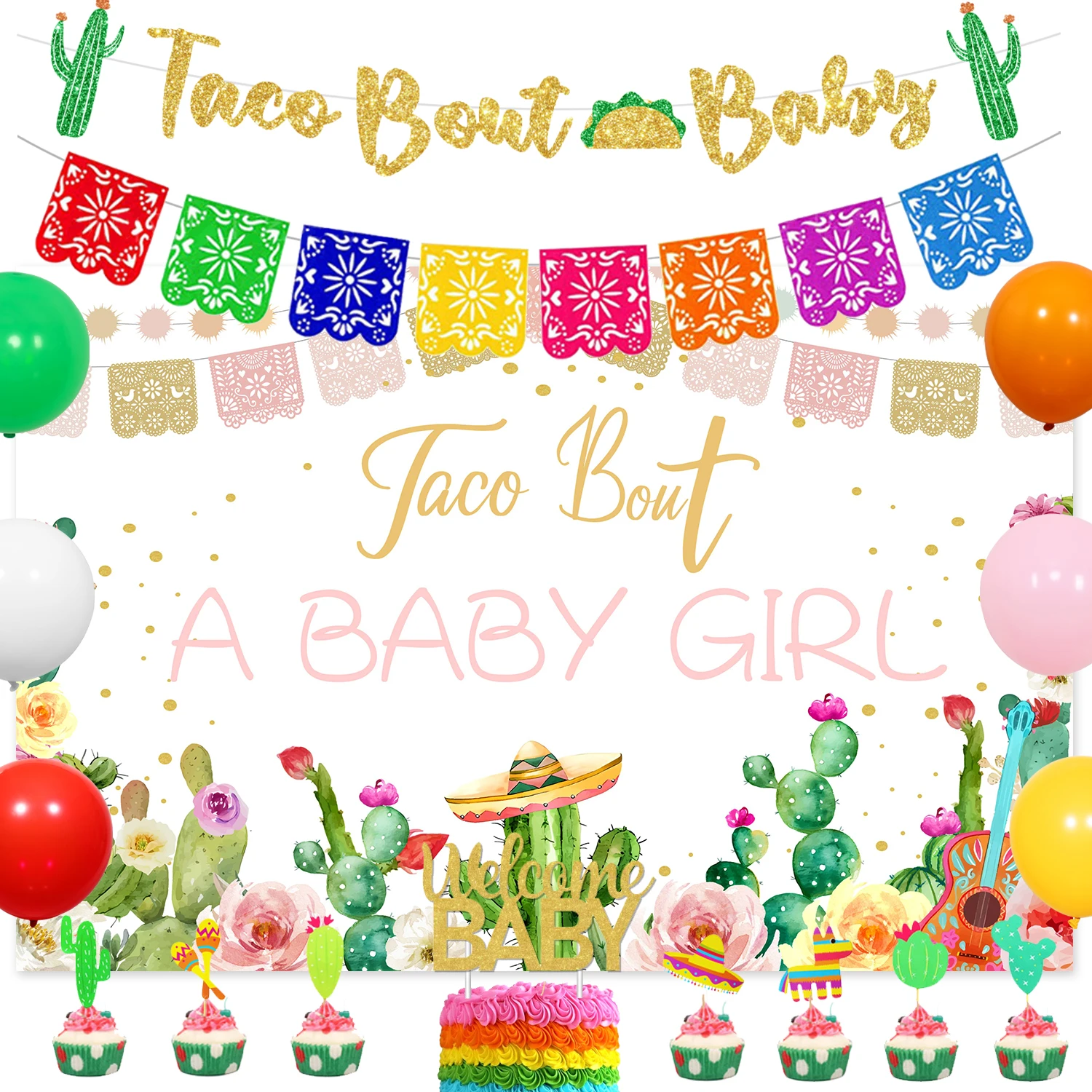 

Taco Bout A Baby Girl Mexican Theme Baby Shower Decor with Fiesta Backdrop Cake Toppers for Cinco De Mayo Girl Party Supplies