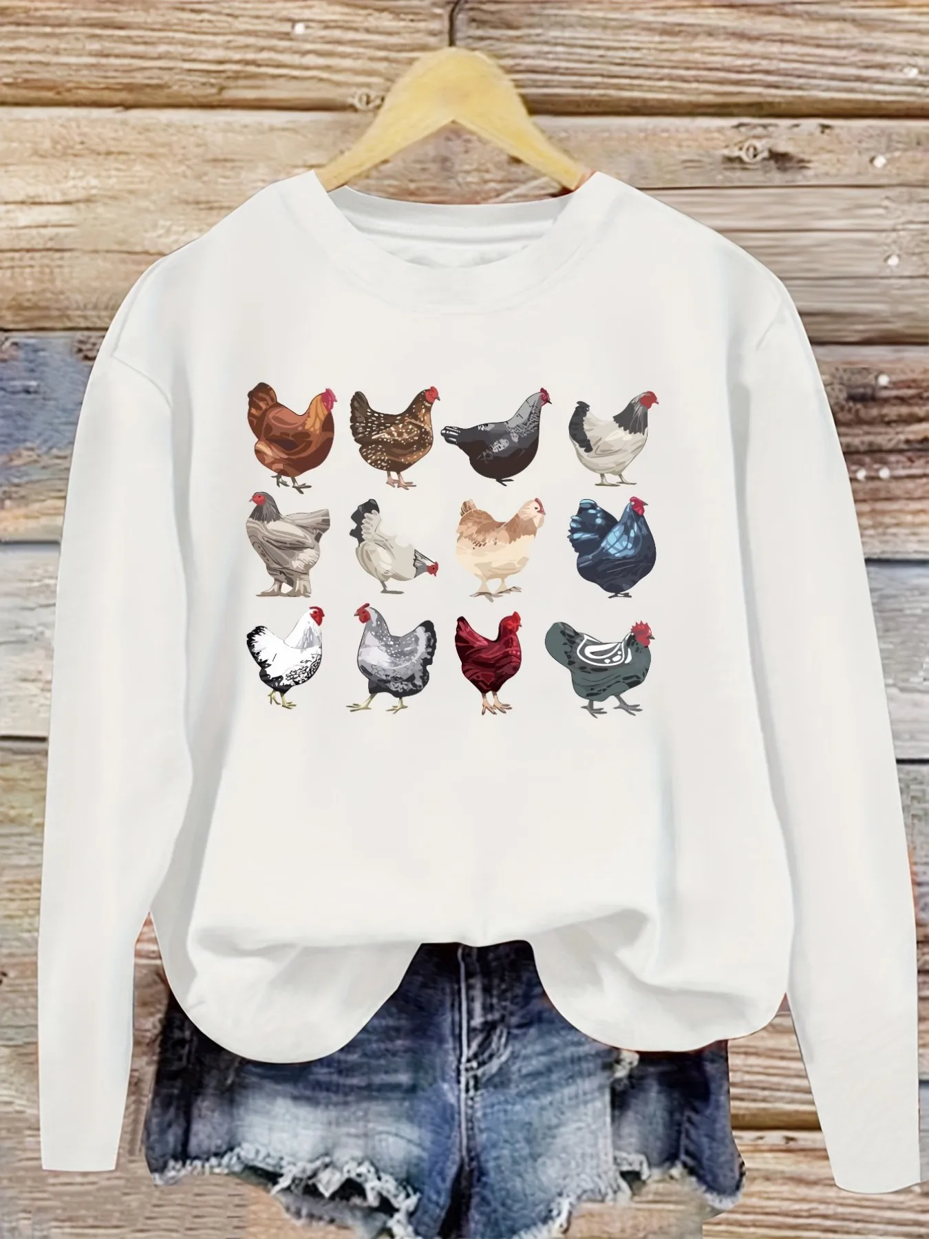 Women's Casual Long Sleeve Crew Neck T-Shirt Colorful Chicken Breed Illustration Print Design, Round Neck Women's Clothing, Machine Washable, Slightly Elastic, Loose Fit, Spring Autumn Winter Women's T-Shirt, Halloween Costume Outfit view 5