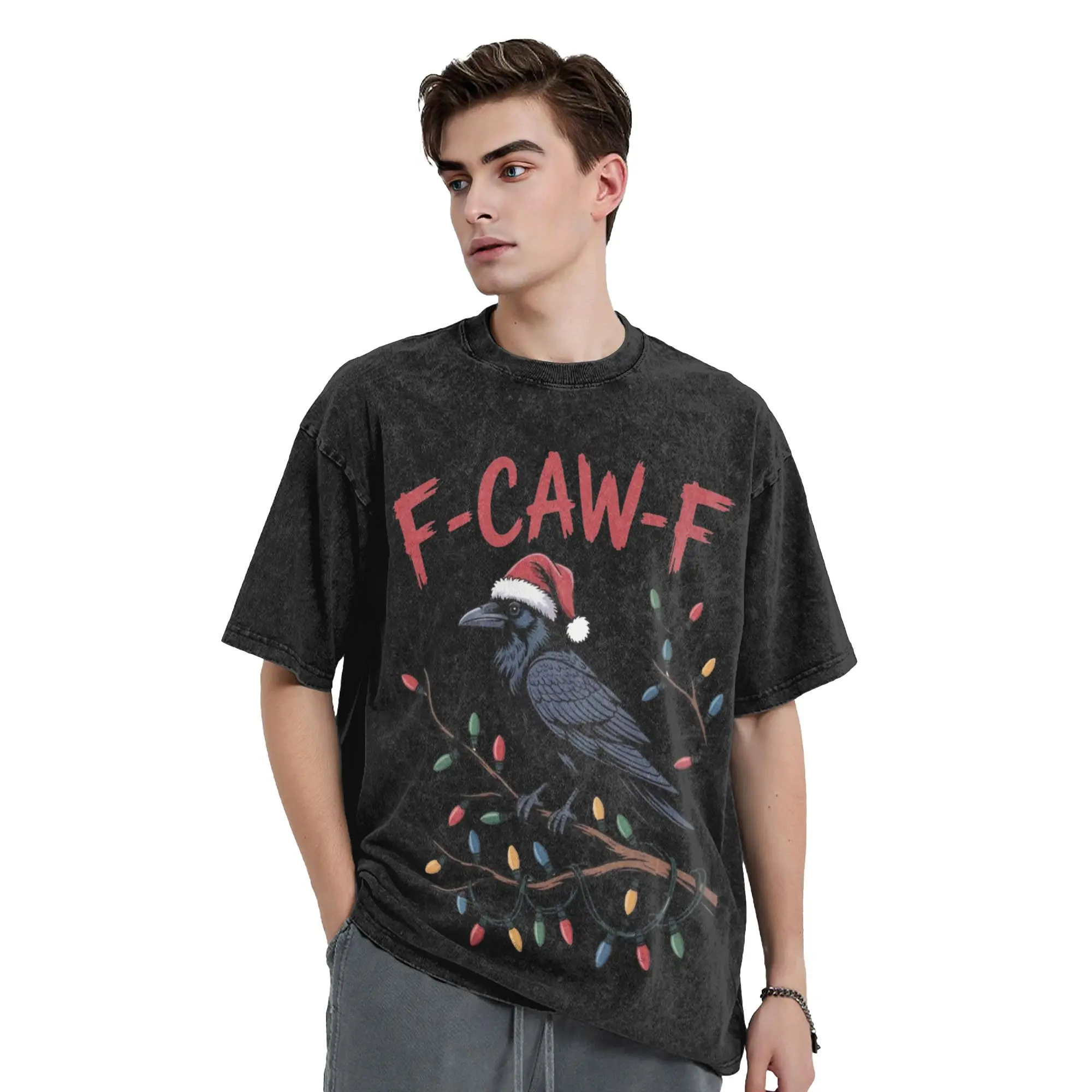 

Funny Christmas Crow F-Caw-F T Shirt Hip Hop Washed Cotton Street T-Shirts Vintage for Men Women Streetwear Summer Tops Tees