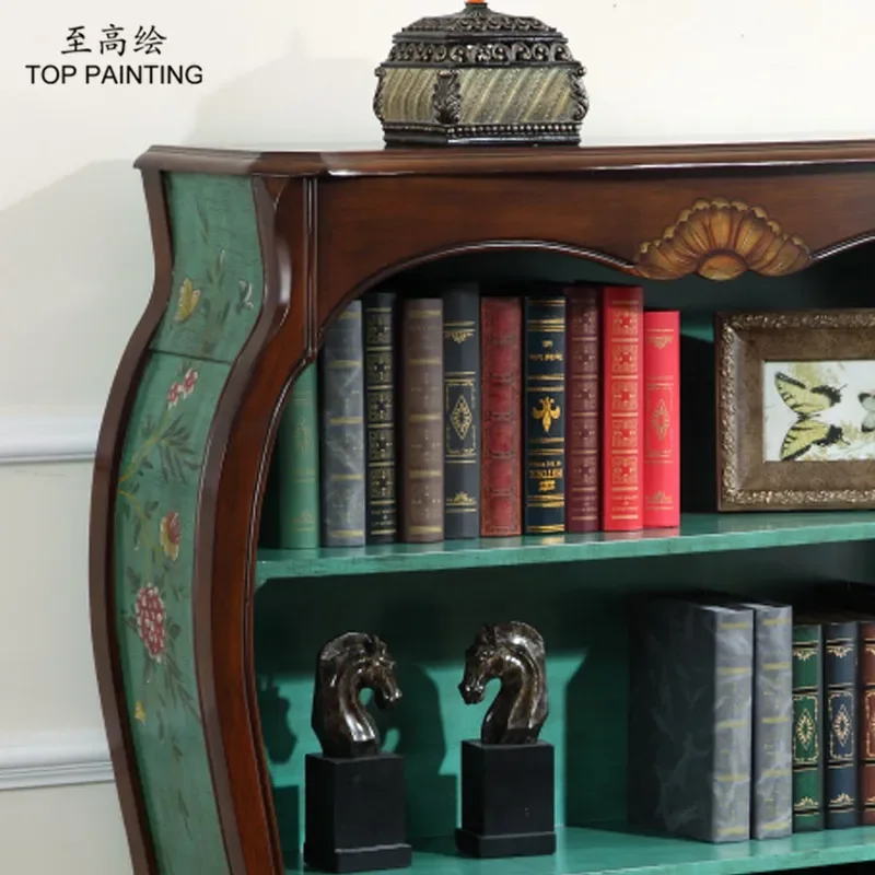 American Rural Solid Wood Bookcase Retro Painted Study Furniture Storage Cabinet for Files and Magazines