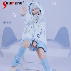 Original Woman Water Color Series Dragon Hooded Furry Jackets Sub-Culture Cute Plush Loose Fleece Padded Coat Pleated Skirts