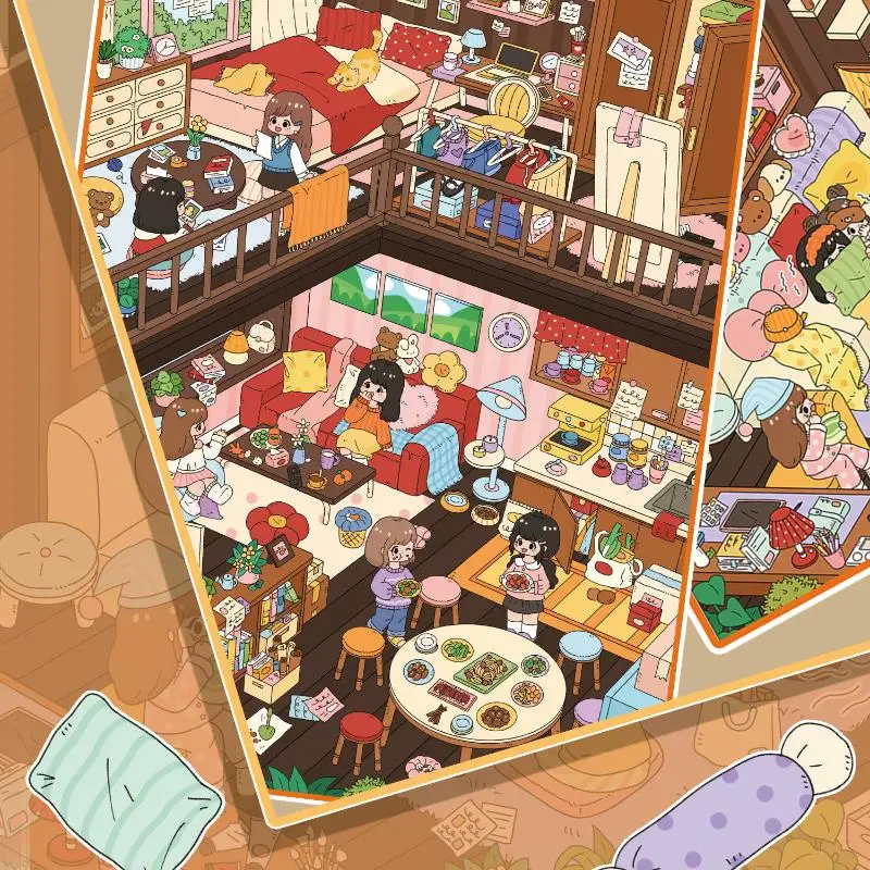 1/2Pcs Kawaii Pajama Party 3D Best Friend Time Landscape Sticker DIY Pocket Cabin Scene Sticker Festival Gift