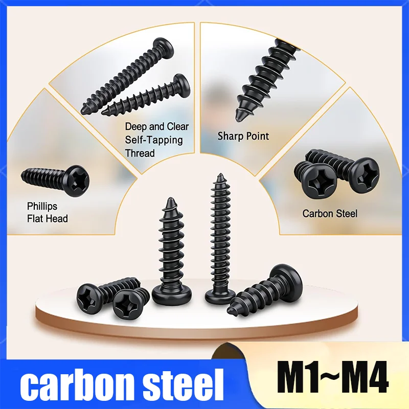 Black Carbon Steel Cross Round Head Phillips Self-tapping Screw M1 M1.2 M1.4 M1.5 M1.7 M1.8 M2 M2.3 M2.6 M2.8 M3 M3.5 M4