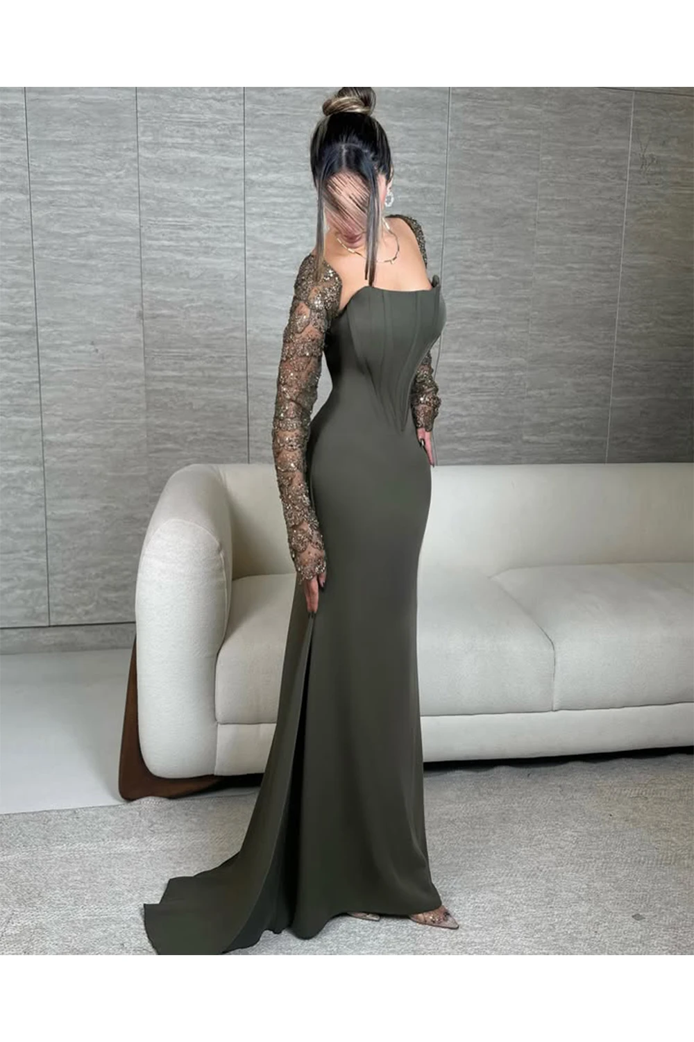 Evening Dresses Square Collar Beads Sequin Luxury Prom Formal Dresses Satin Trumpet Floor Length Long-sleeves Customized