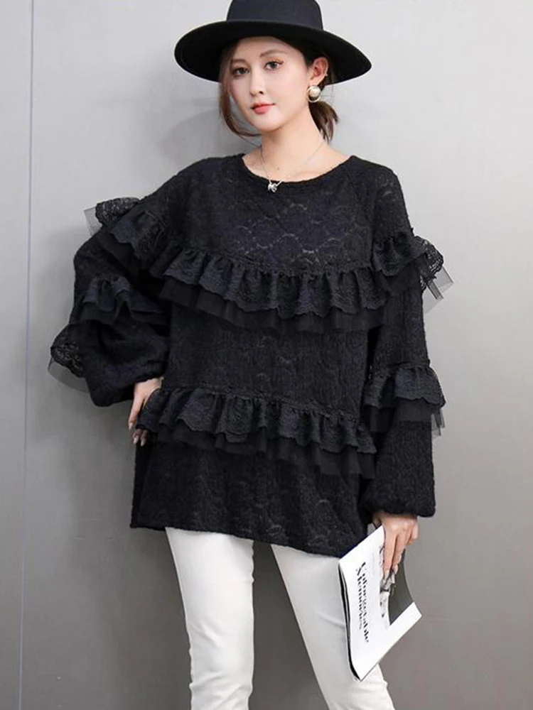 SHENGPALAE Fashion Spliced Lace Tops Women Versatile O-neck Patchwork Full Sleeve Casual Chic Style Female T-shirts 5G520