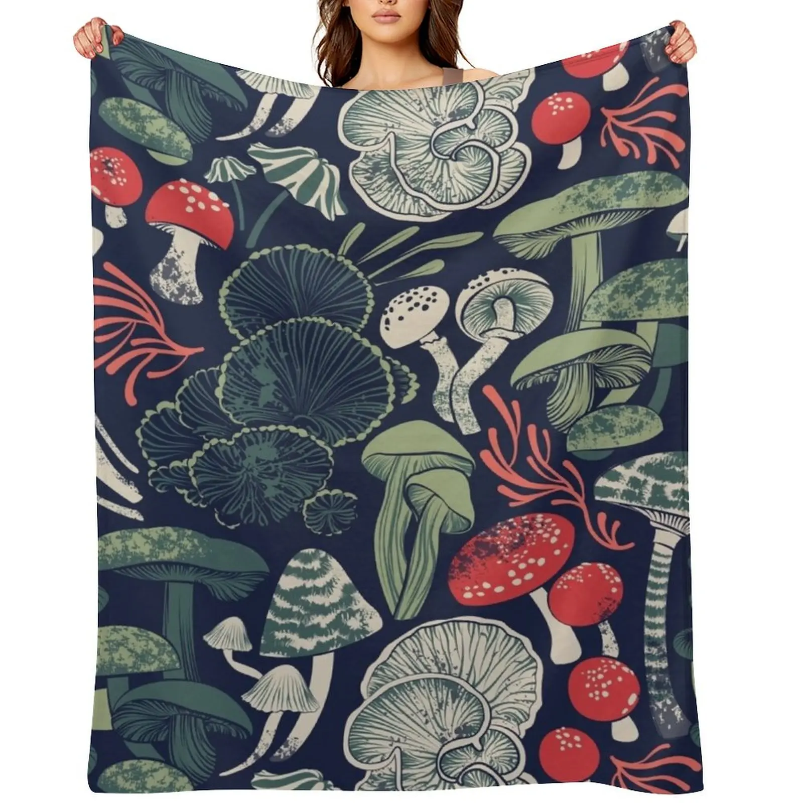 

Mystical fungi // midnight blue background sage and forest green red and coral wild mushrooms Throw Blanket bed plaid Blankets