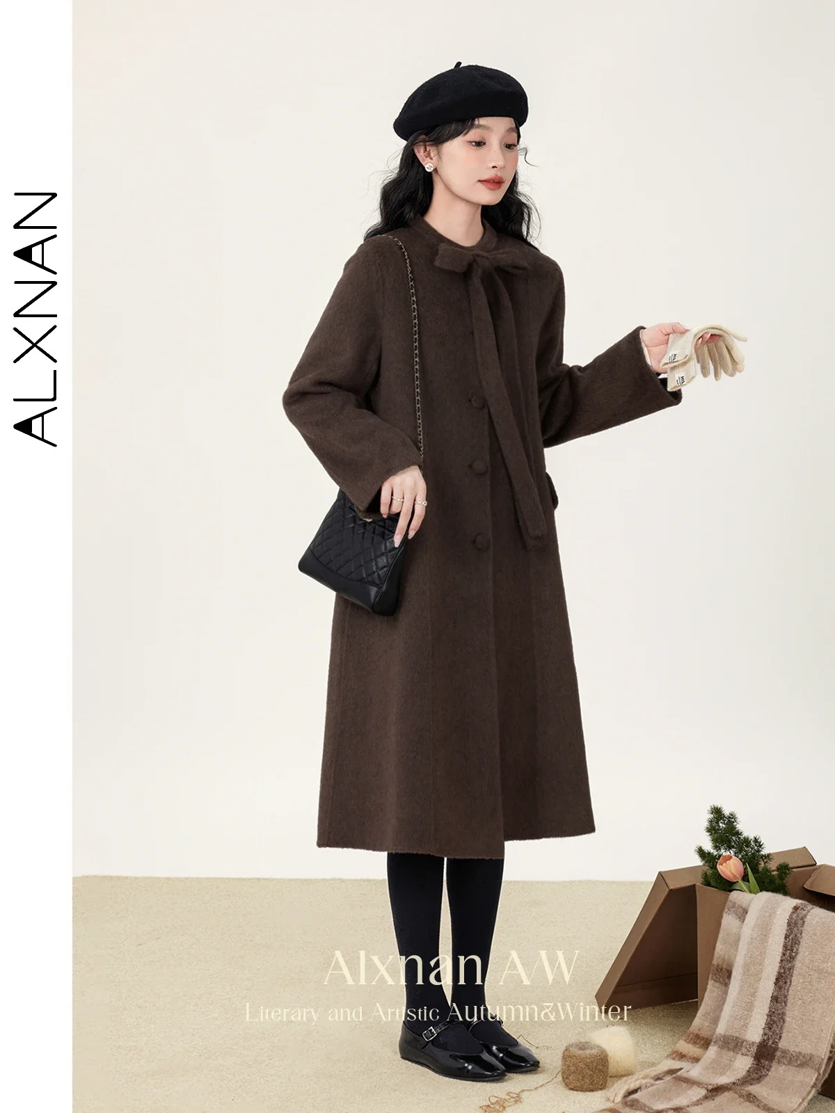 ALXNAN Women's Double-sided Woolen Coat Brown Long Elegant Office Lady Overcoat 2026 Casual Fashion Warm Outwears Female L51007