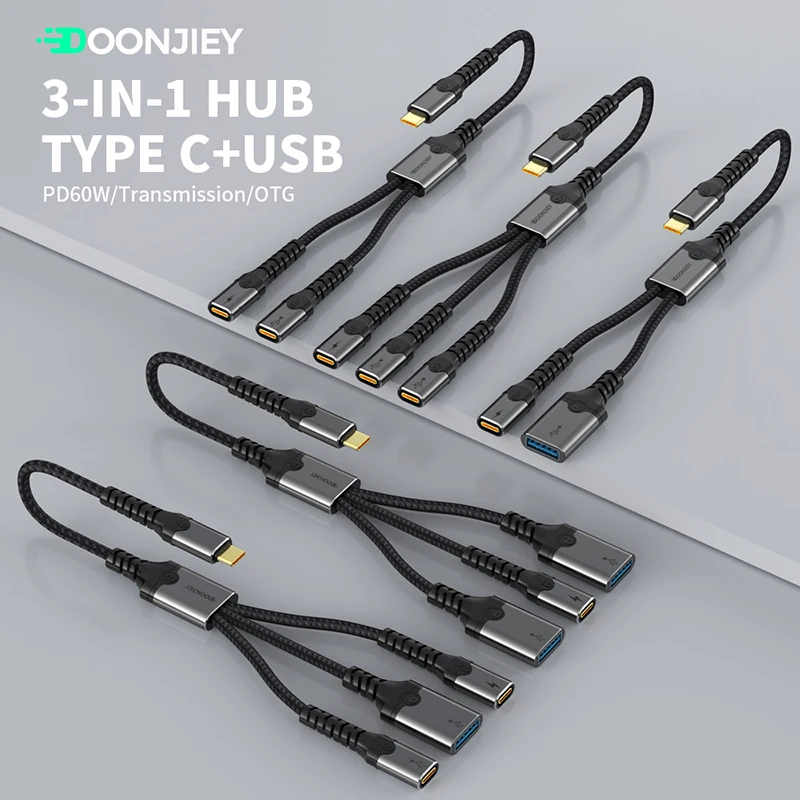 USBA Type C Splitter Cable Multi Ports PD 60W Fast Charging Extension Cable OTG Adapter Data Transfer Converter For PC Laptop