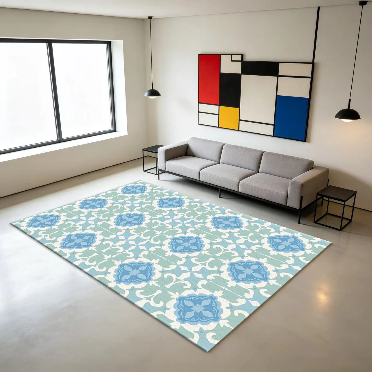 Moroccan Blue Tile-Style Carpet, Vintage Home Carpet Suitable for Living Room, Bedroom, and Indoor Home Floor Decoration