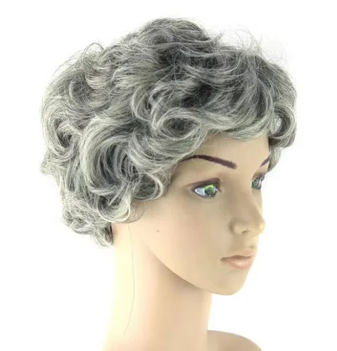 Perucas curtas de cosplay encaracoladas para homens e mulheres, peruca de cabelos grisalhos, cabelo sintético branco misturado, preto