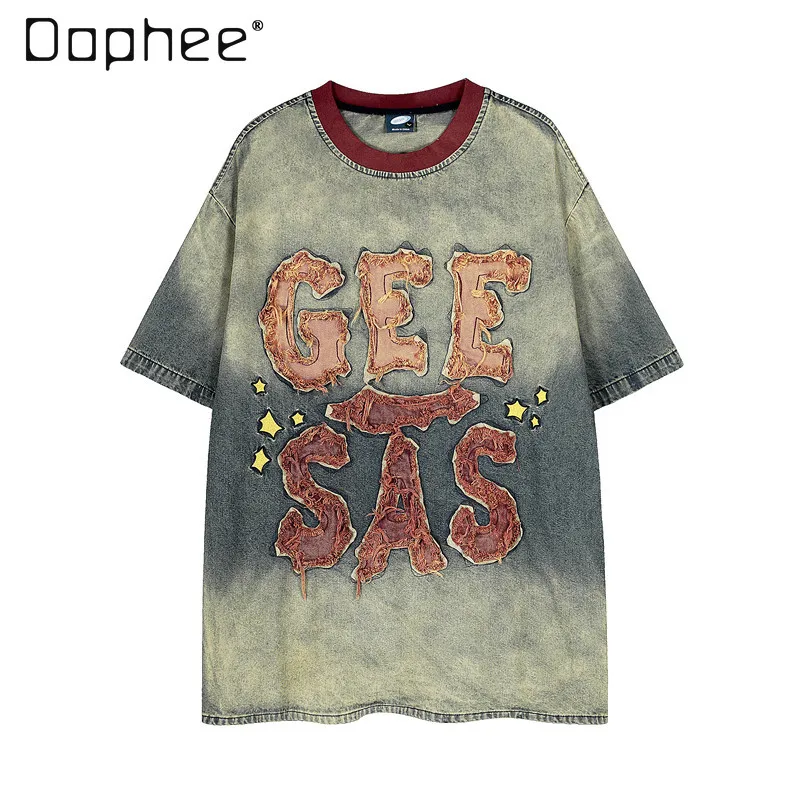 Summer Vintage Washed Gradient T-Shirt Men Raw Edge Denim Patch Star Letter Contrast Red Collar Streetwear Short Sleeve Top