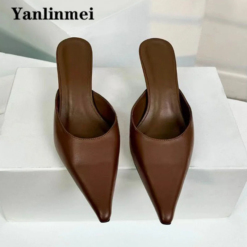 Sexy Kitten Heels Slippers For Women Pointed Toe Slides Genuine Leather Mules Shoes Woman High Heels Modern Slippers Woman