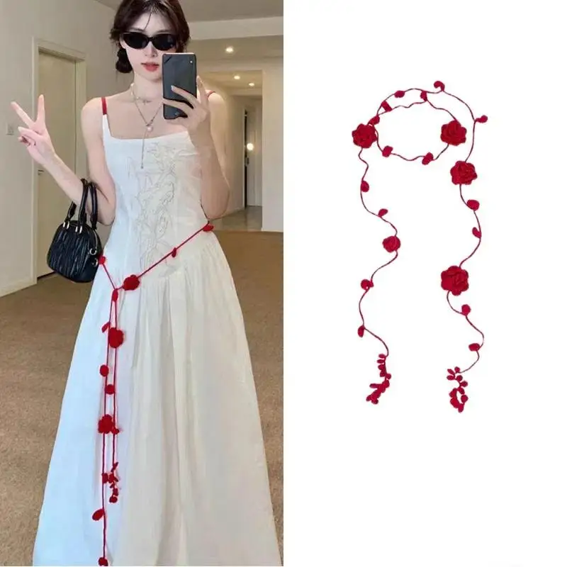 Temperament Rose Handmade Waist Chain Women's Elegant Versatile Crochet Flower Long Necklace Decorative Skirt Belt Accessories