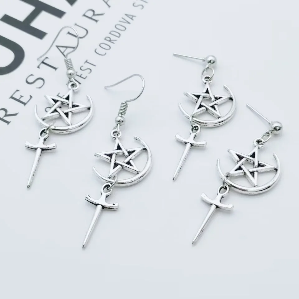 1 Pair of Five Pointed Star Sword Star Earrings Moon Witch Ear Pendants Gothic Women Punk Charm Long Unique Earring Gift