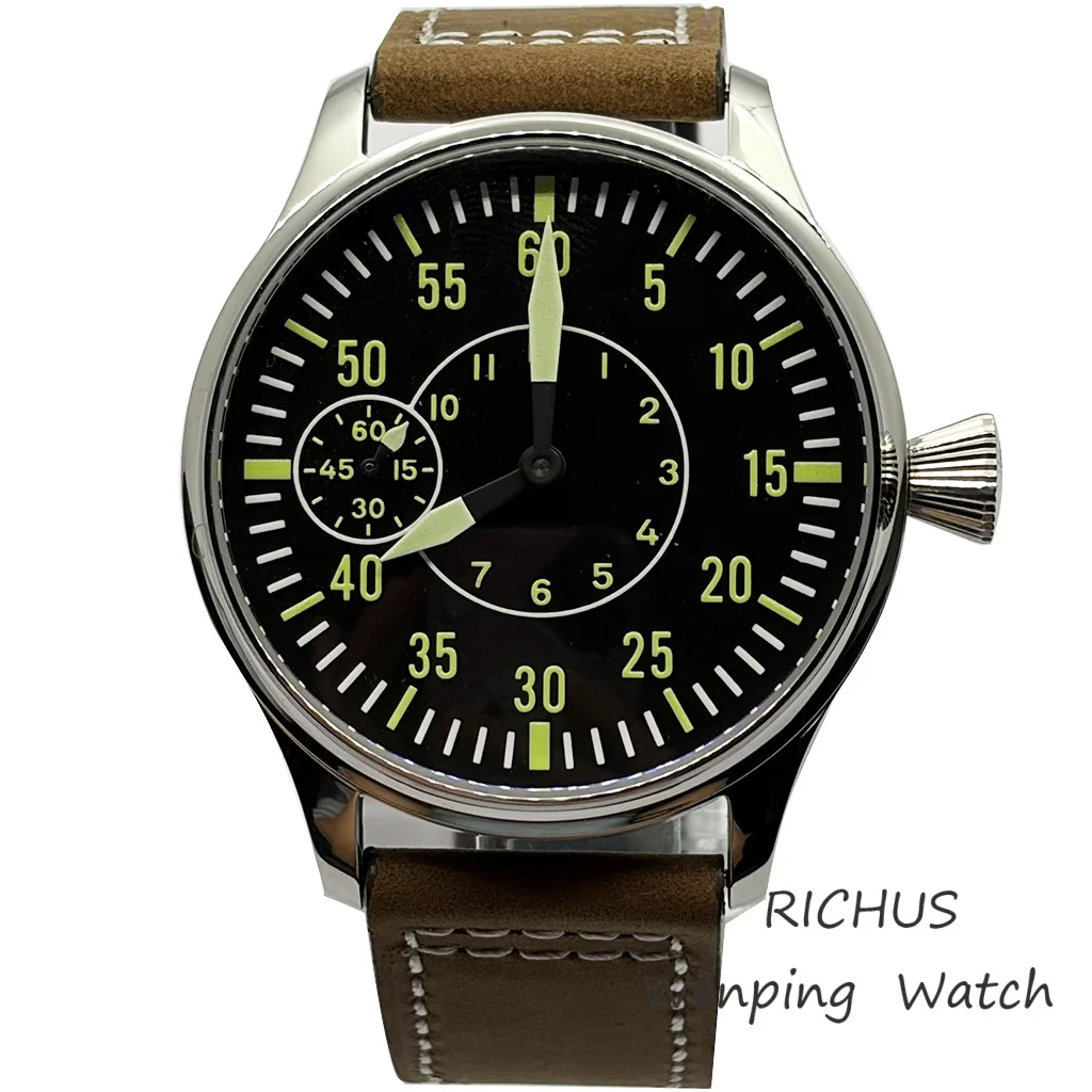 Watch Custom Logo 44mm Men's Casual Watch  ST3600 Manual Winding Movement Leather Strap 316L Stainless Steel Case DiyLogo
