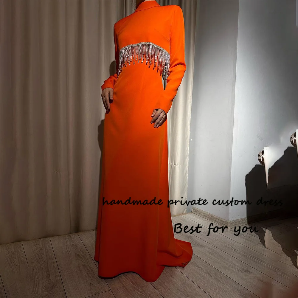 

Orange Satin Mermaid Evening Dresses Long Sleeve High Neck Arabic Dubai Prom Dress with Beaded Floor Length Evening Formal Gowns