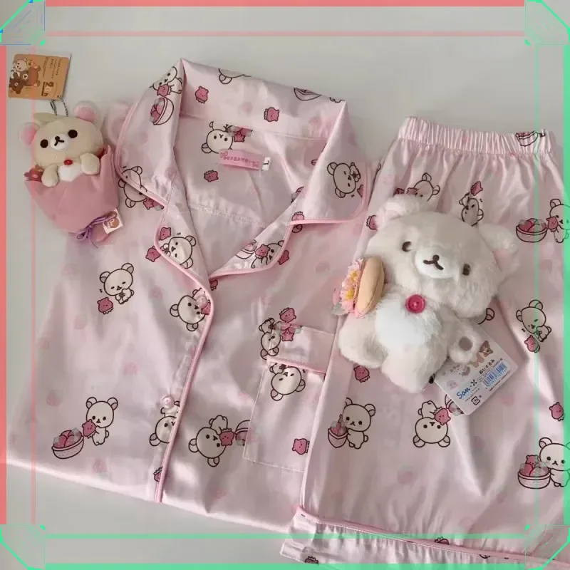 Conjunto de pijamas Kawaii Sugarbunnies Rilakkuma de verano, cárdigan de manga larga y pantalones, bonito conejito rosa con estampado de dibujos animados, regalo para el hogar