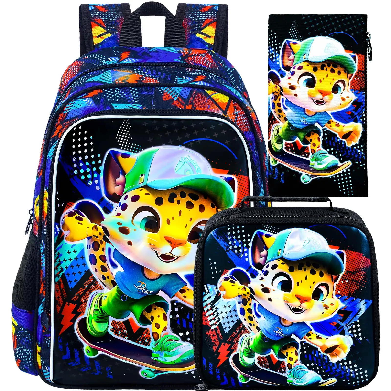 

Набор из 3 рюкзаков для мальчиков, 16-дюймовый детский рюкзак с леопардовым принтом для дошкольников с ланч-боксом, крутой комплект школьных рюкзаков с животными для начальной школы
