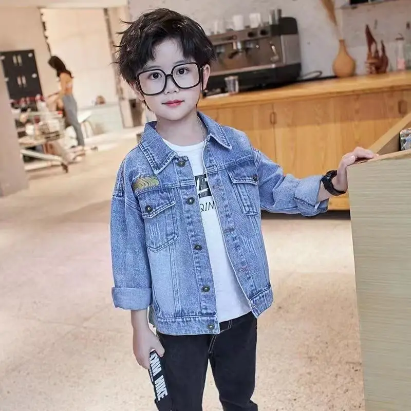 

4-15 Years Boys Denim Jacket Spring and Autumn 2025 New Children's Korean Edition Casual Collar Handsome Coat 110-170CM
