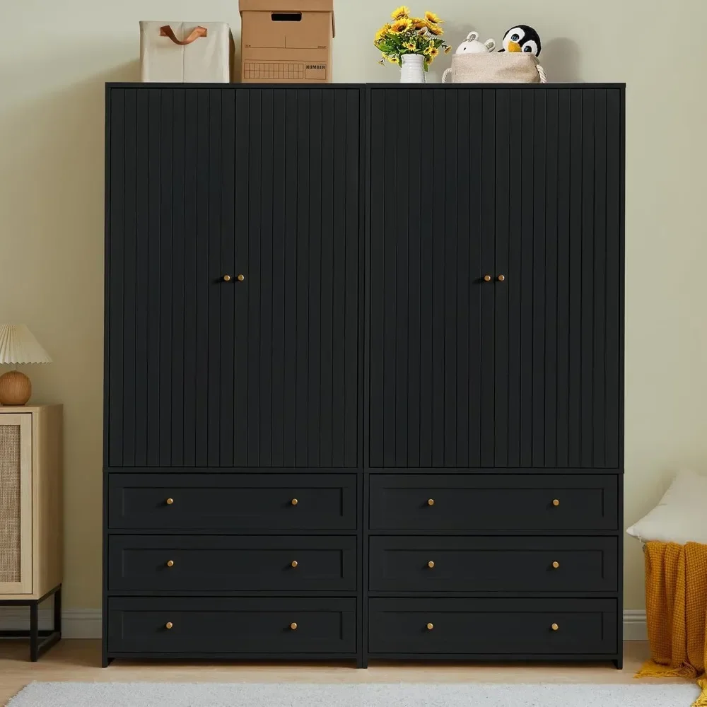 

71" Wooden Wardrobe with 4 Doors, 6 Drawers Freestanding Wooden Bedroom Storage Wardrobe for Home