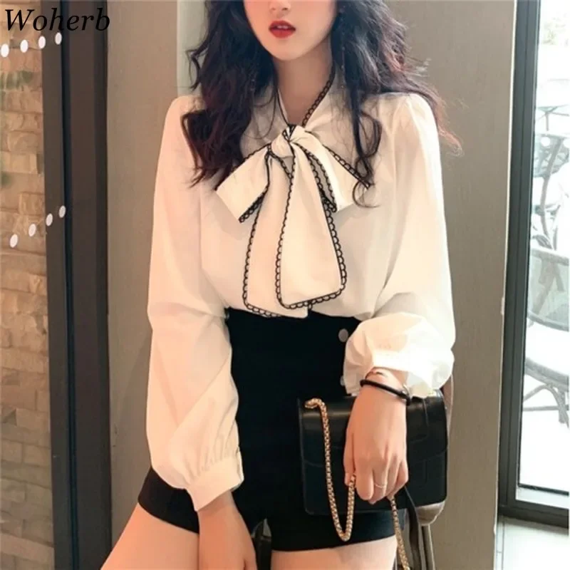 Woherb Women Long Sleeve Shirts White Blouses Vintage Korean 2024 Spring Sweet Bow Loose Ladies Blouse Office Lady  92066