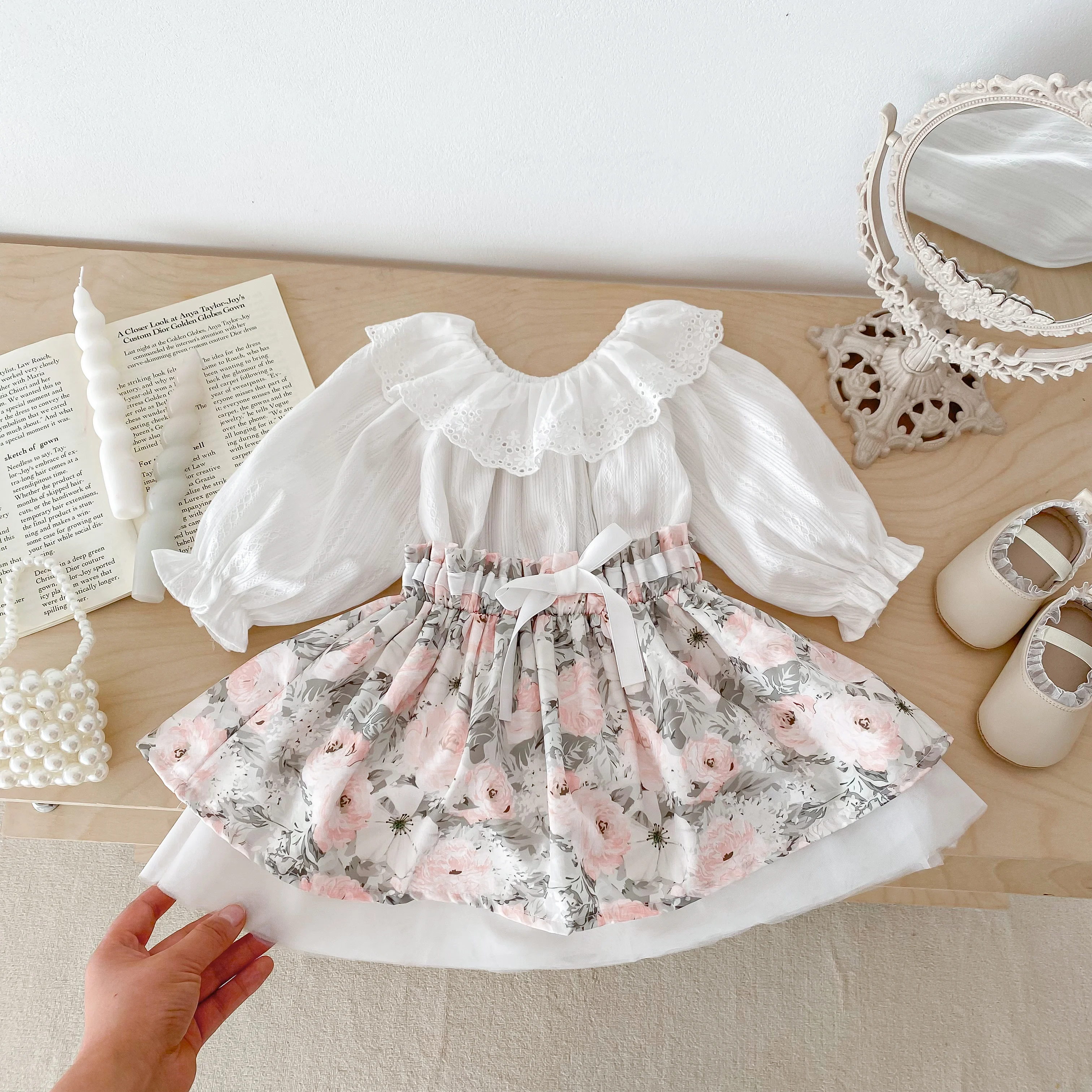 Spring Newborn Girl Suit White Lace Doll Collar Shirt + Printing Flower Skirt Baby Clothes 0-3 Years Old