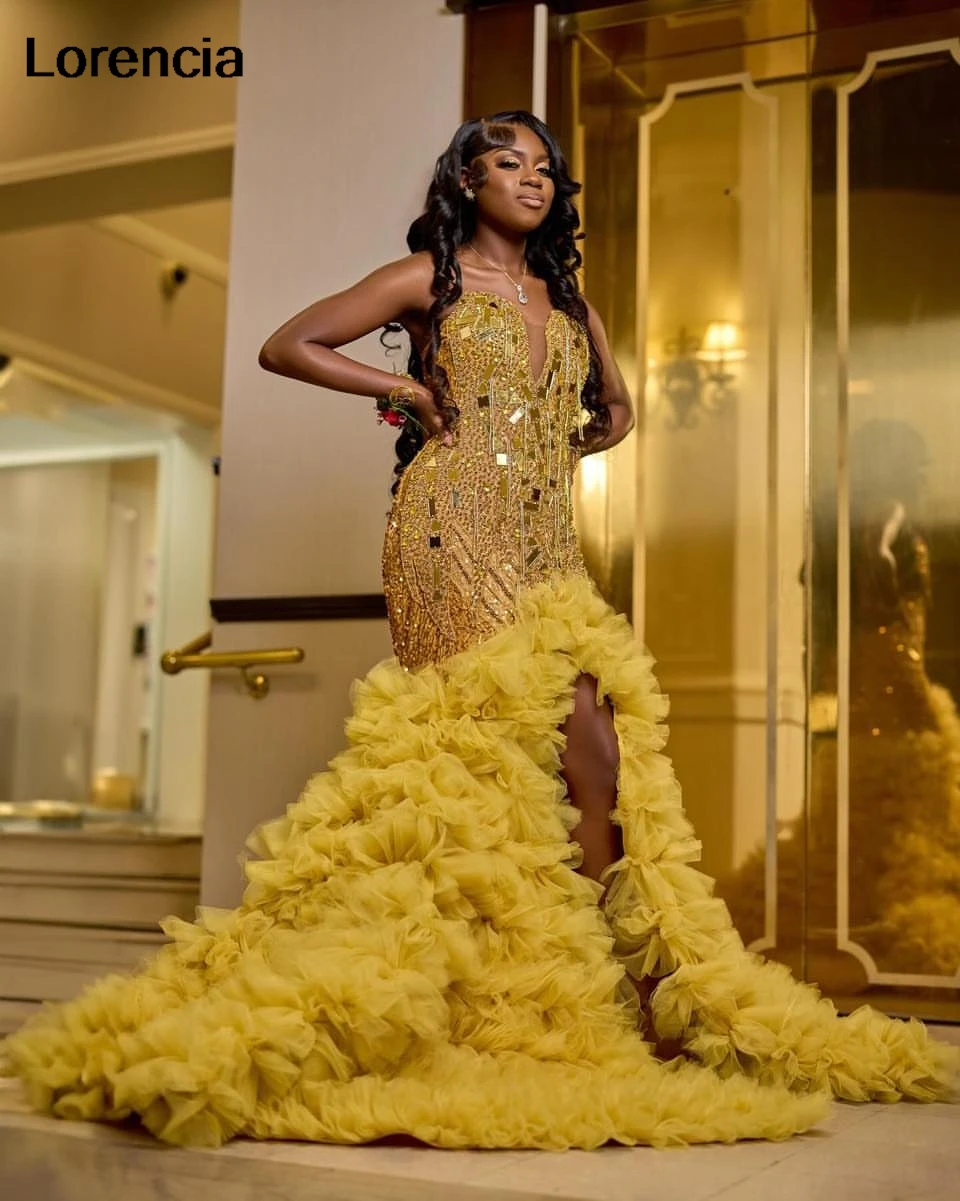 Lorencia Gold strass Prom Dress African Slay Queen Dress per Blackgirl High Slit Crystal Ruffles Party Gala Gown YPD108