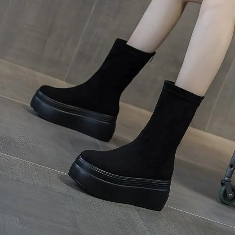 8cm 2026 New Autumn Winter High Mid Calf Women Boots Booties Shoe Cow Suede Platform Wedge Sheepskin Leather Hidden Heels Shoes